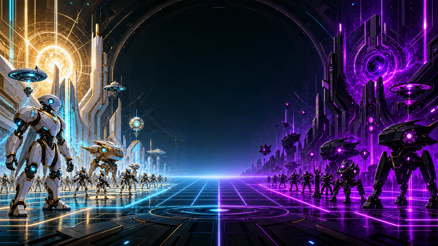 White-and-gold Solar robots and violet Void machines face each other across a glowing circuit grid.